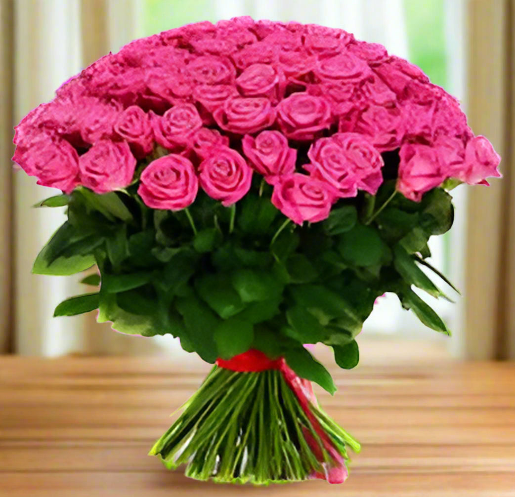 Bouquet of 100 Pink Roses Without Rapping, featuring vibrant blooms and lush greenery