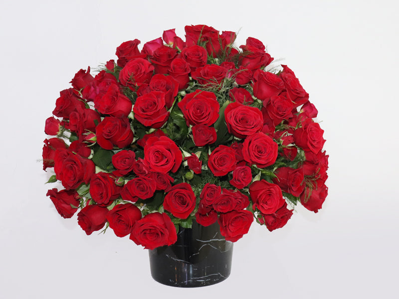 100 Red Roses Black Marble Flower Basket for elegant floral arrangements and special occasions