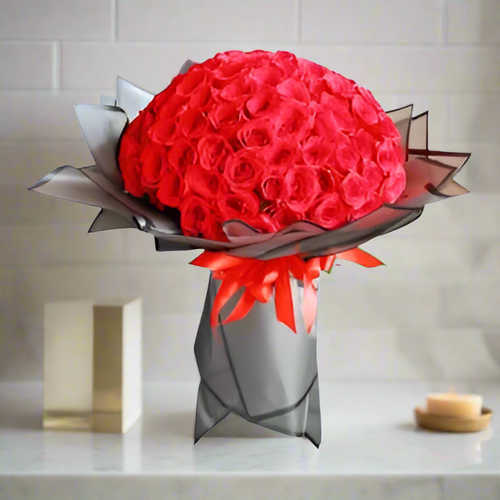 Elegant 100 Red Roses Bouquet arranged beautifully in a stylish black and red wrap