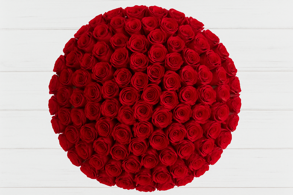 Round arrangement of red roses on a white wooden surface