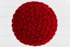 Round arrangement of red roses on a white wooden surface