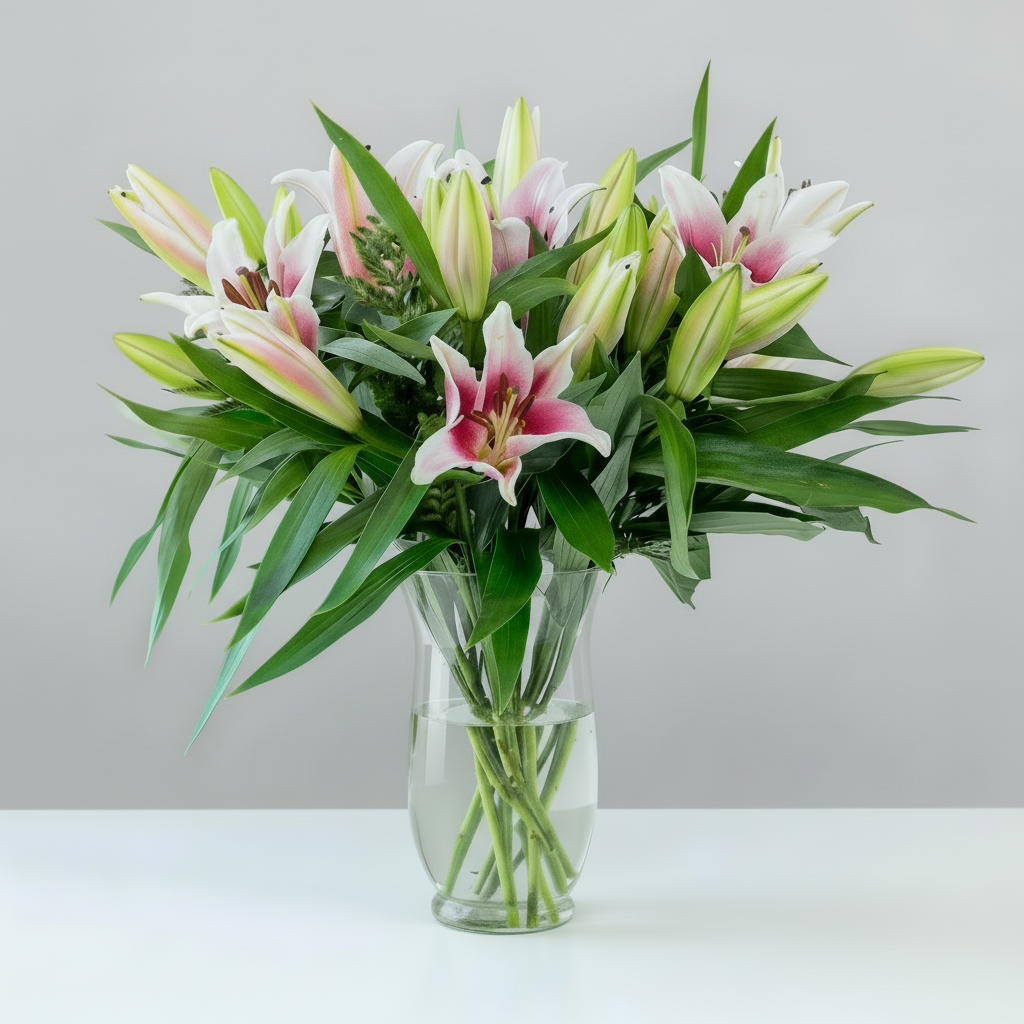 Bouquet of pink and white lilies in a clear vase on a white surface with a light gray background