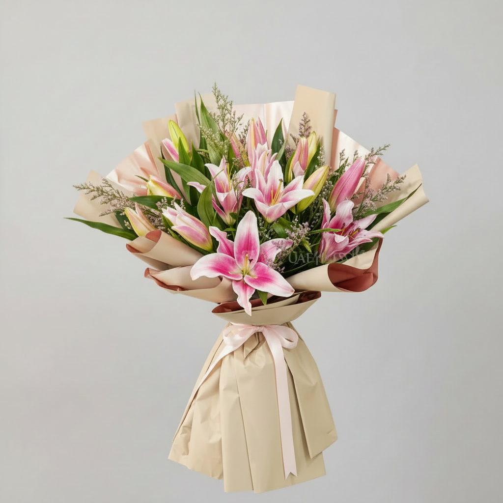 Bouquet of pink lilies wrapped in beige paper with a ribbon on a light gray background