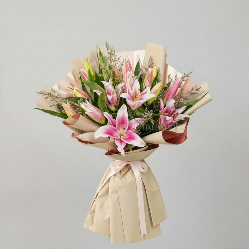 Bouquet of pink lilies wrapped in beige paper with a ribbon on a light gray background