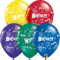 Five colorful birthday balloons with 'Happy Birthday' text on a white background