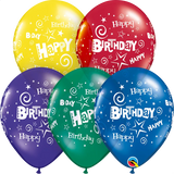 Five colorful birthday balloons with 'Happy Birthday' text on a white background