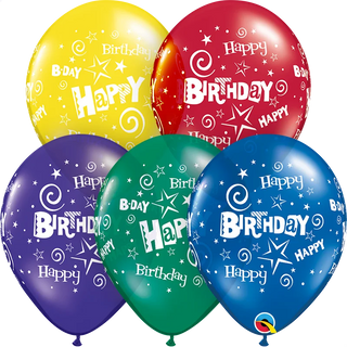 Five colorful birthday balloons with 'Happy Birthday' text on a white background