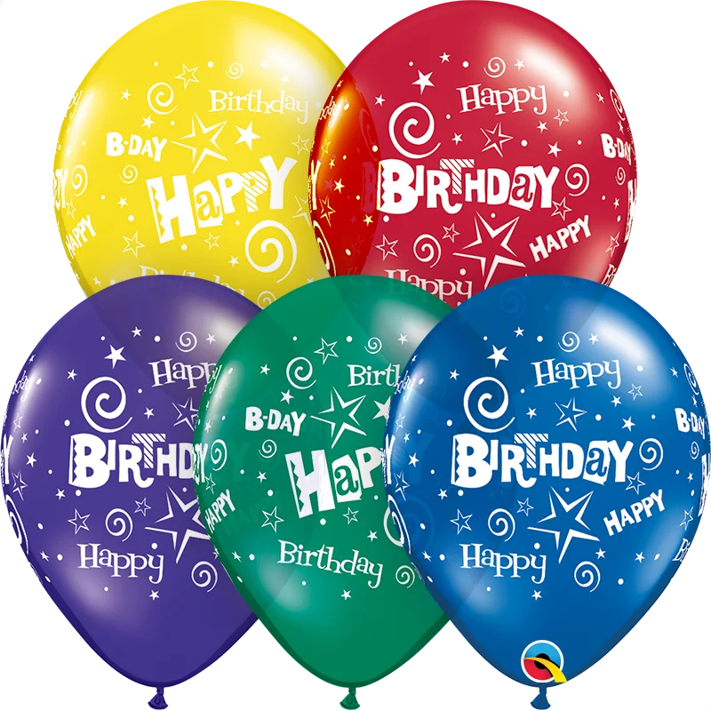 Five colorful birthday balloons with 'Happy Birthday' text on a white background