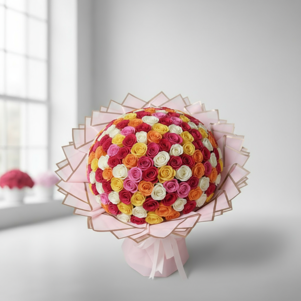 200 Multicolor Roses Angled View - Luxury Bouquet Kuwait