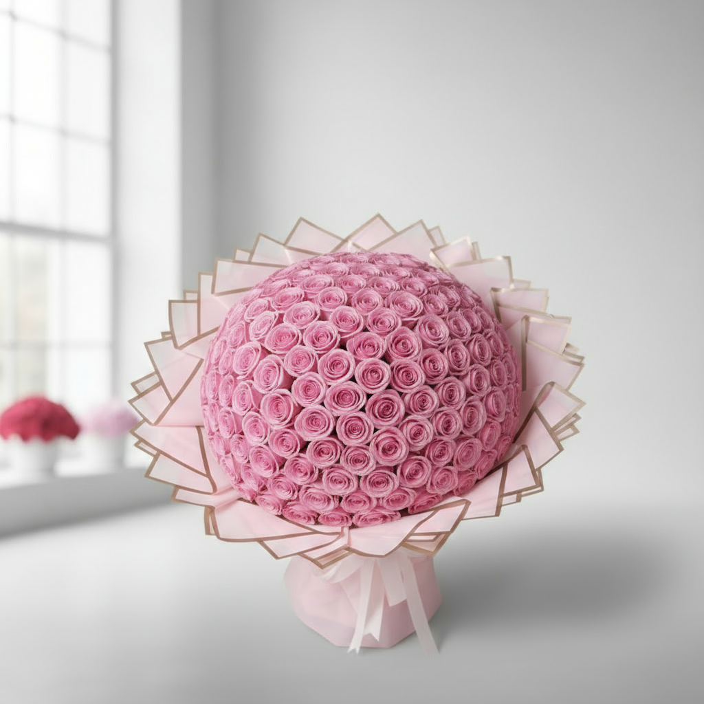 200 Pink Roses Angled View - Luxury Bouquet Kuwait