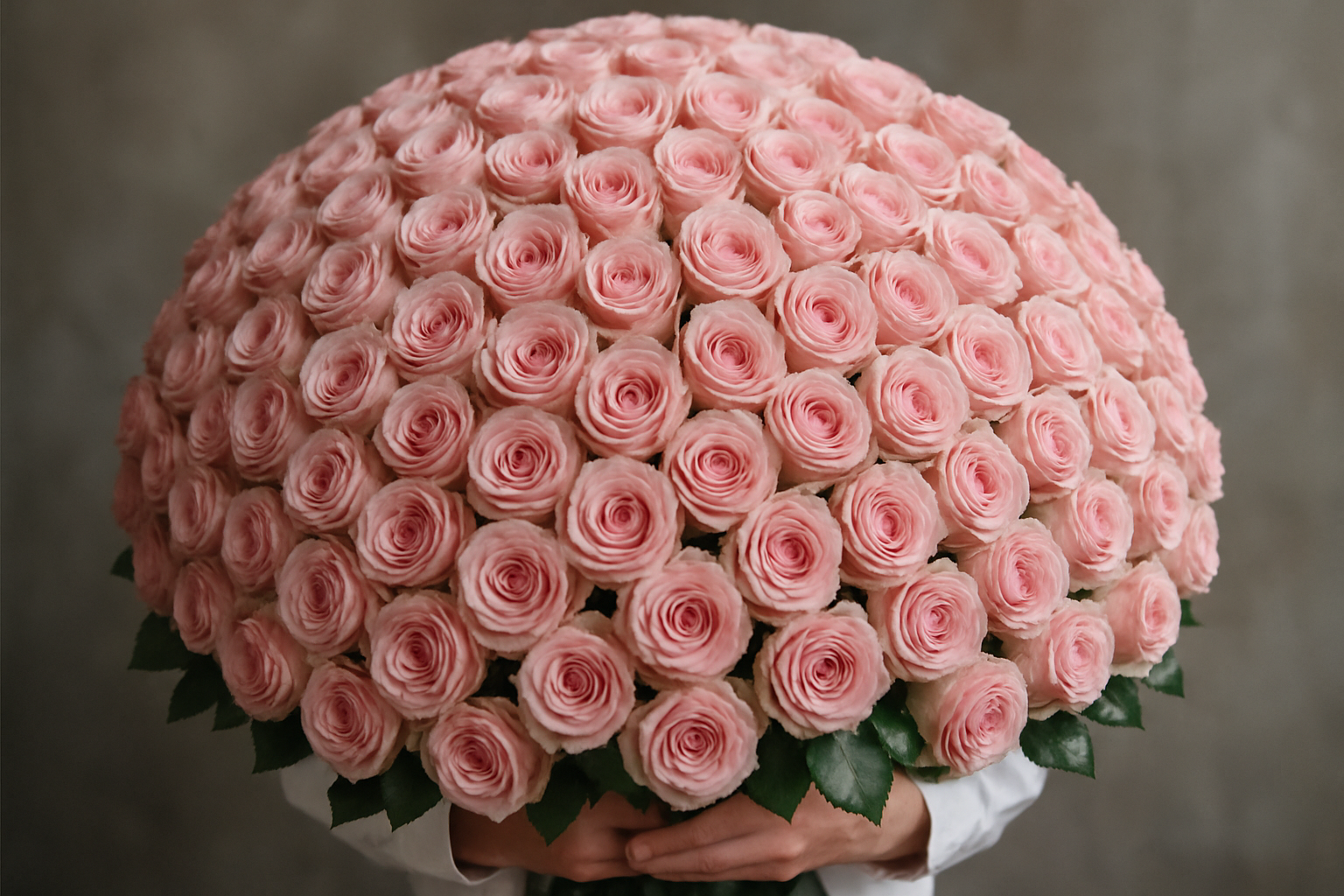 Bouquet of pink roses held by a person against a neutral background