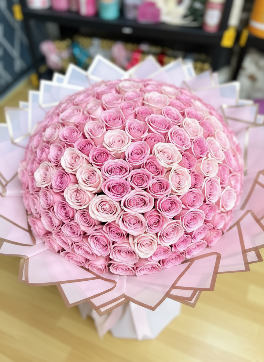 200 Pink Roses Close-up Detail - Luxury Bouquet Kuwait