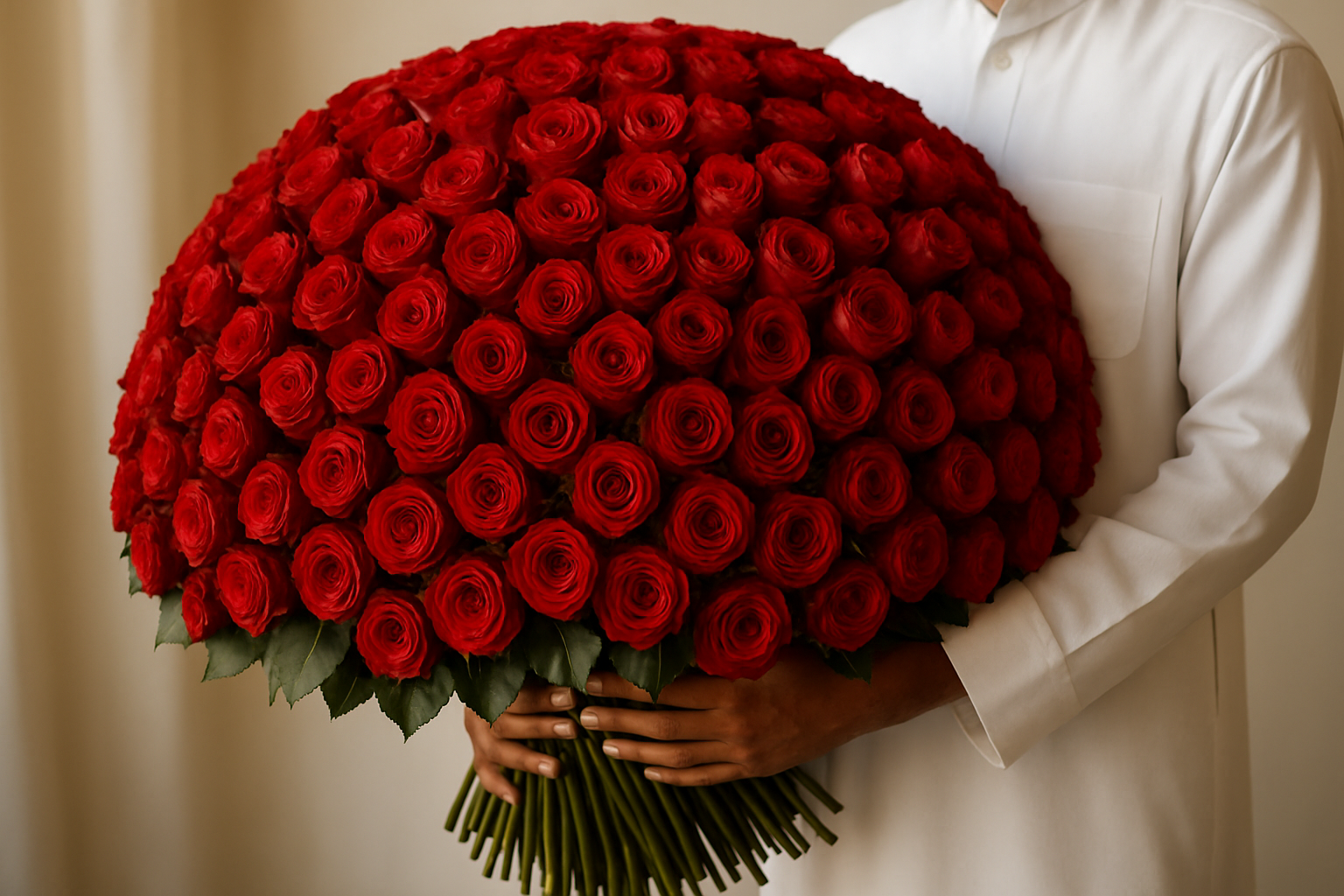 Person holding a large bouquet of red roses against a neutral background