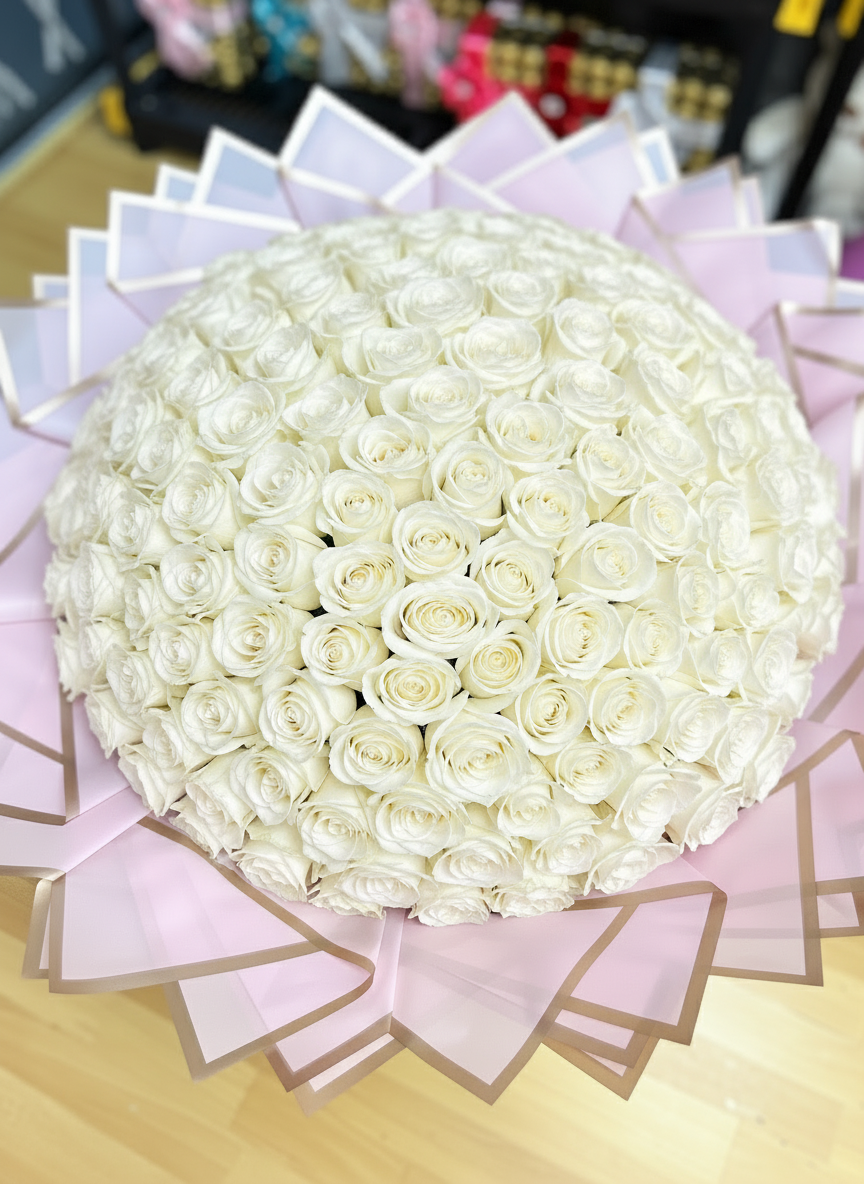 200 White Roses Close-up Detail - Luxury Bouquet Kuwait