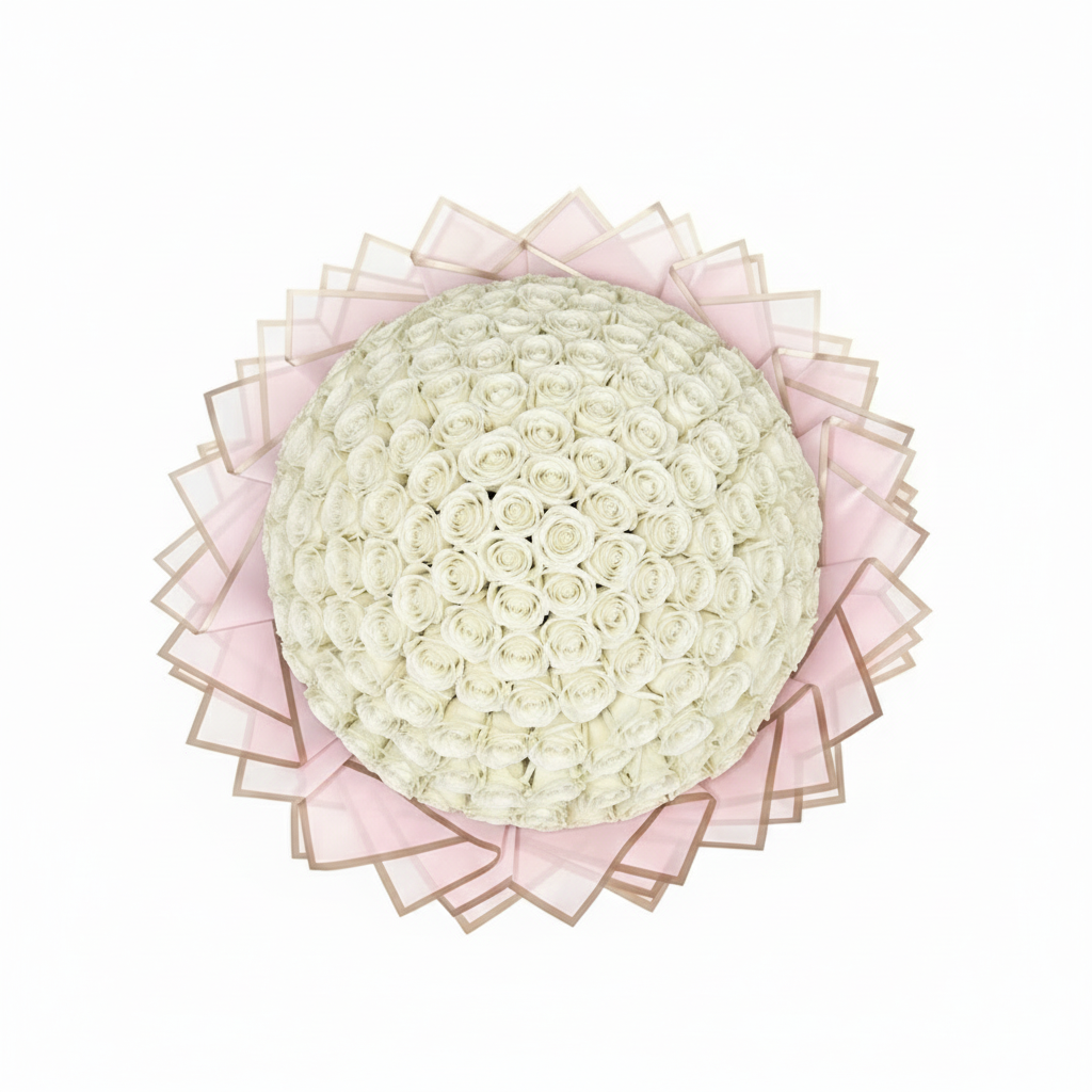 200 White Roses Luxury Bouquet - Overhead View Kuwait