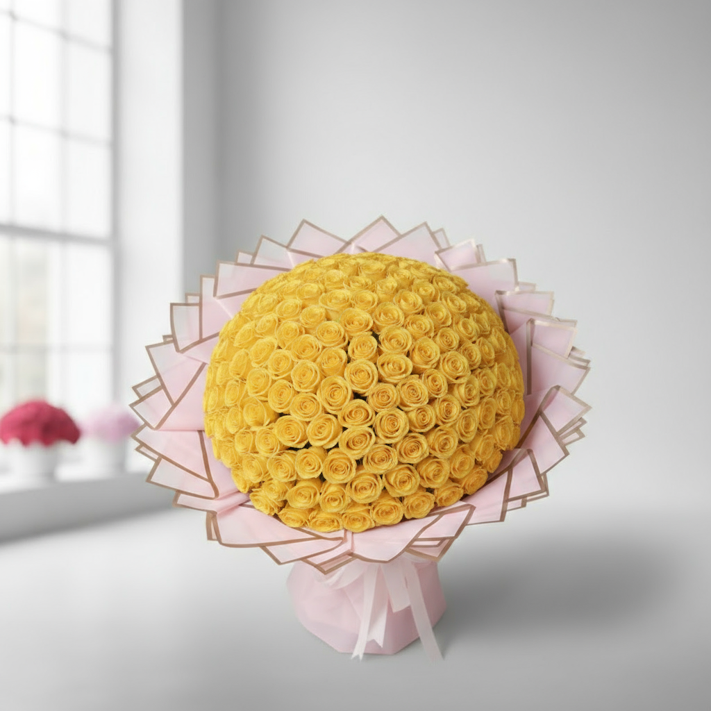 200 Yellow Roses Angled View - Luxury Bouquet Kuwait