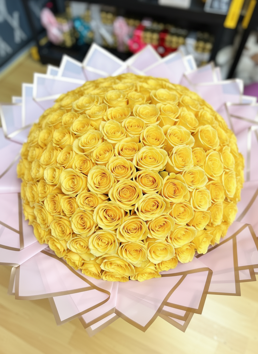200 Yellow Roses Close-up Detail - Luxury Bouquet Kuwait