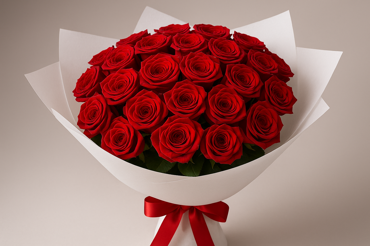 25 red roses bouquet side view