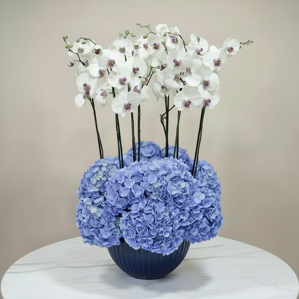 A floral arrangement featuring white butterfly orchids and light blue hydrangeas in a dark blue ribbed vase, set on a white marble table against a beige wall.