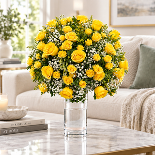 A large, round floral arrangement of yellow roses and baby's breath in a clear glass vase, displayed on a marble coffee table in a bright, modern living room.