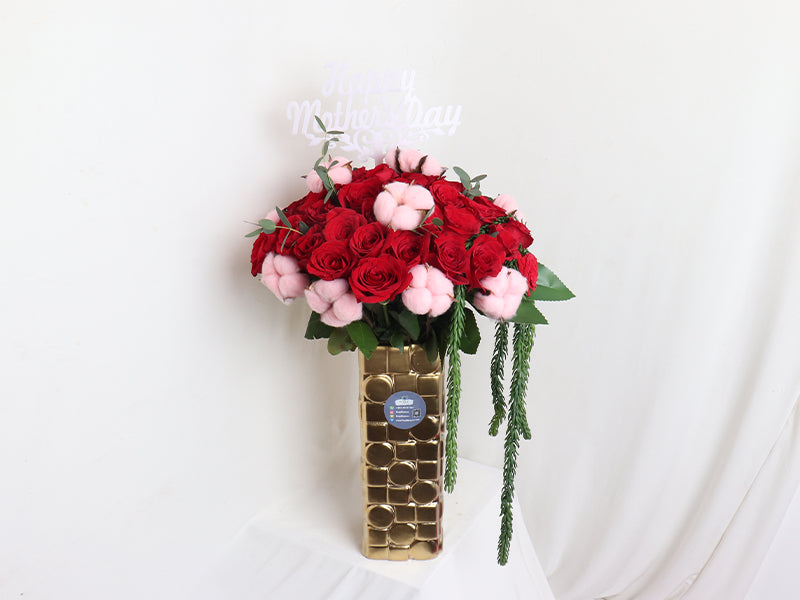 50 Red Roses With Gold Vase
