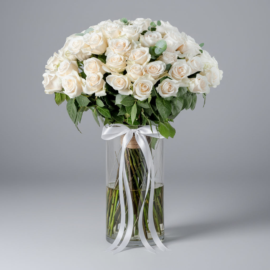 50 Premium White Roses in Glass Vase