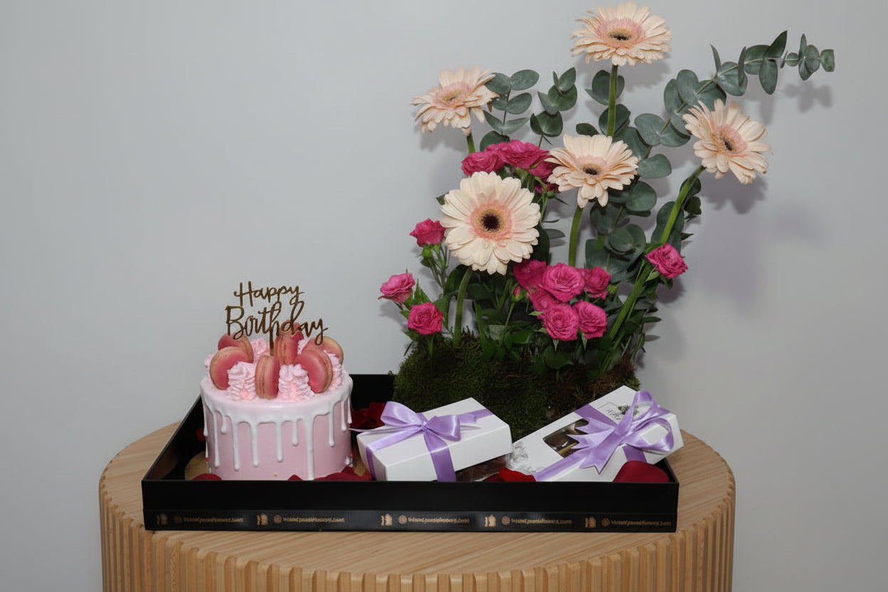 Birthday Cake & Flowers Tray Gift Combo | Luxury Celebration Kuwait
