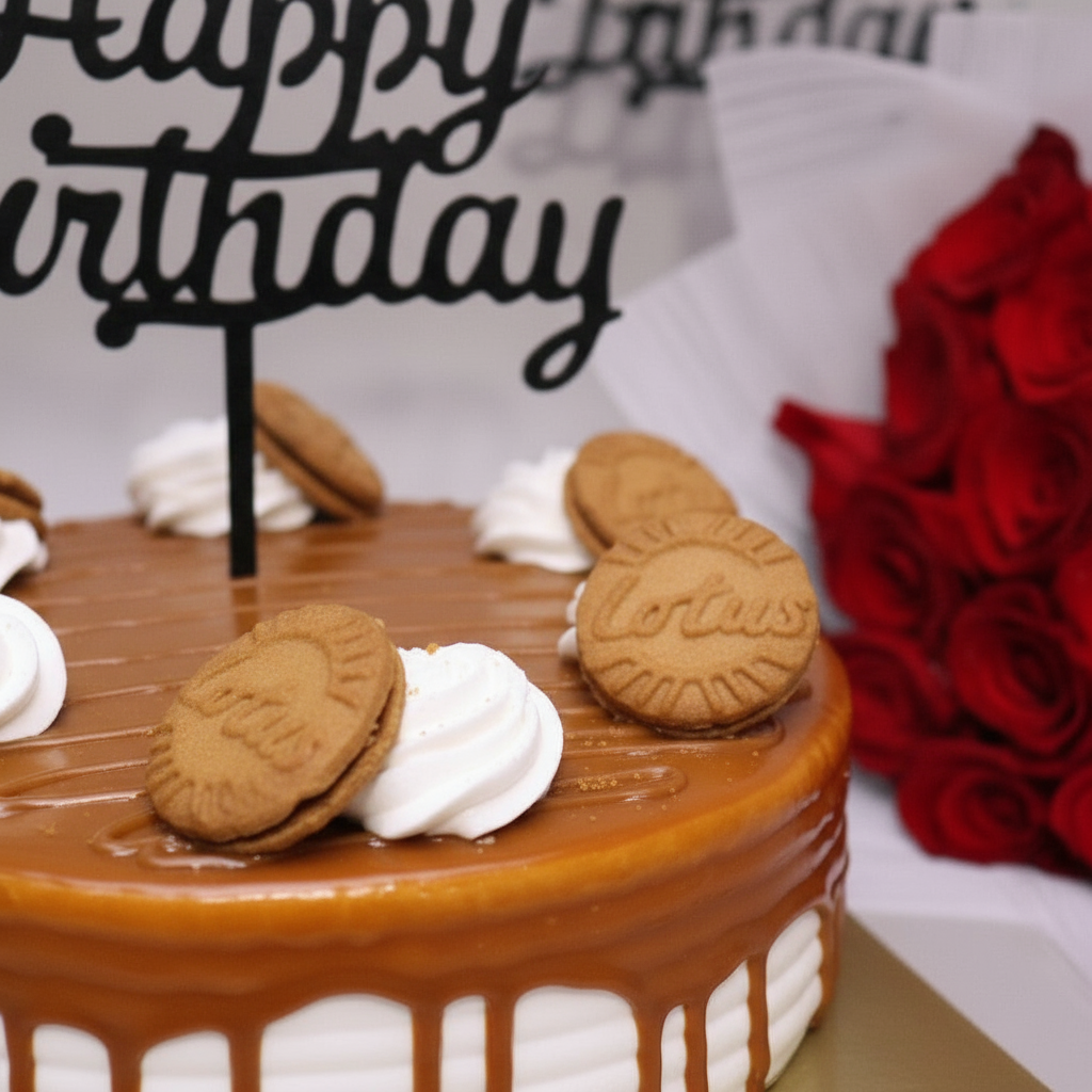 Birthday Cake & Roses Combo Close-up of birthday cake