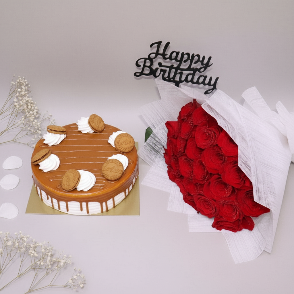 Birthday Cake & Roses Combo Overhead view of gift set