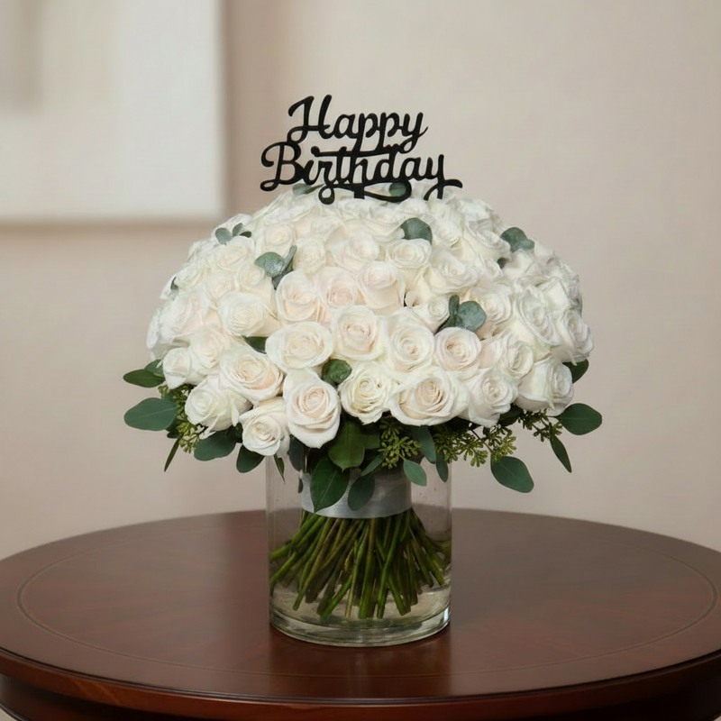 Birthday White 100 Roses Vase - Premium Fresh Flowers & Gifts Delivery in Kuwait