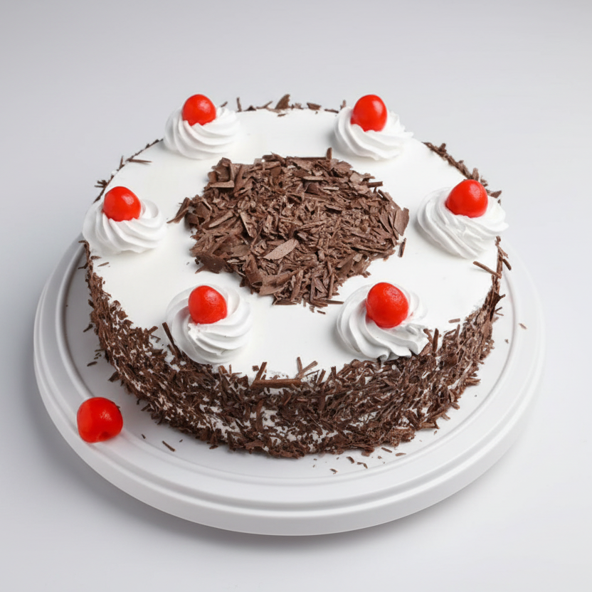 Chocolate cake with white frosting, chocolate shavings, and red cherries on a white background