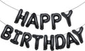 Black 'Happy Birthday' balloon banner on a white background