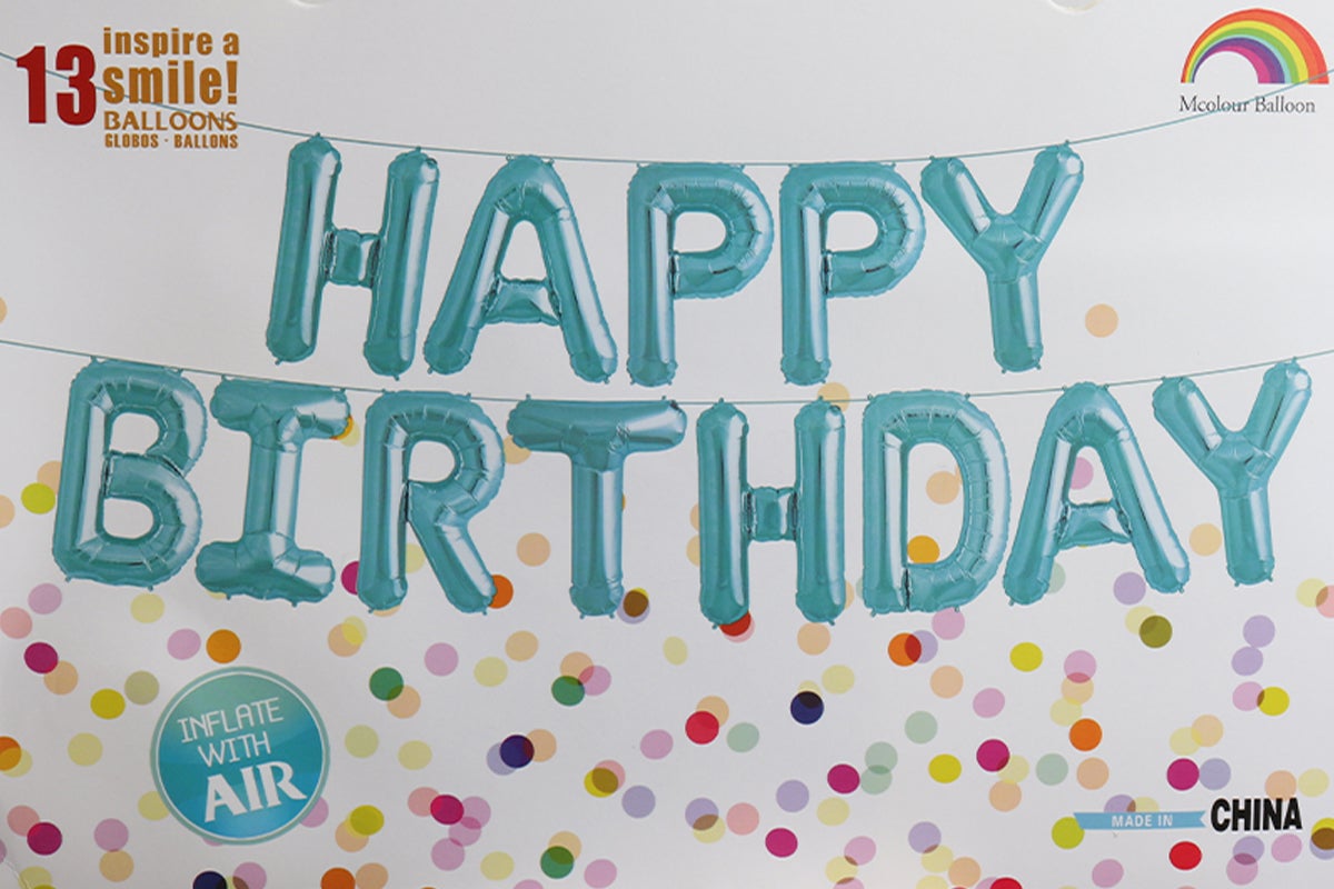 Balloon set spelling 'Happy Birthday' with confetti on a white background