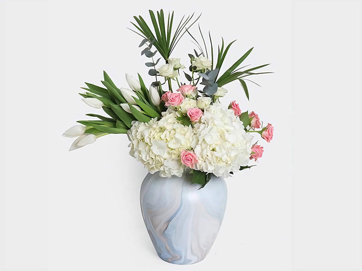 Blue Vase Flowers | Tulips, Roses, Hydrangea