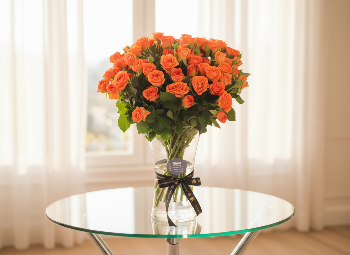Bouquet of orange roses in a clear vase on a white background