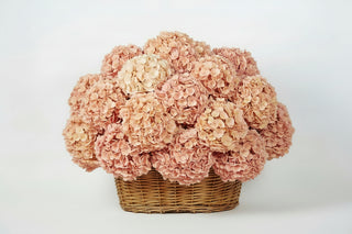 Bouquet of pink and blue flowers in a wicker basket with a decorative ribbon on a white background