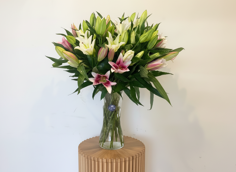 Bouquet of pink and white lilies in a clear vase