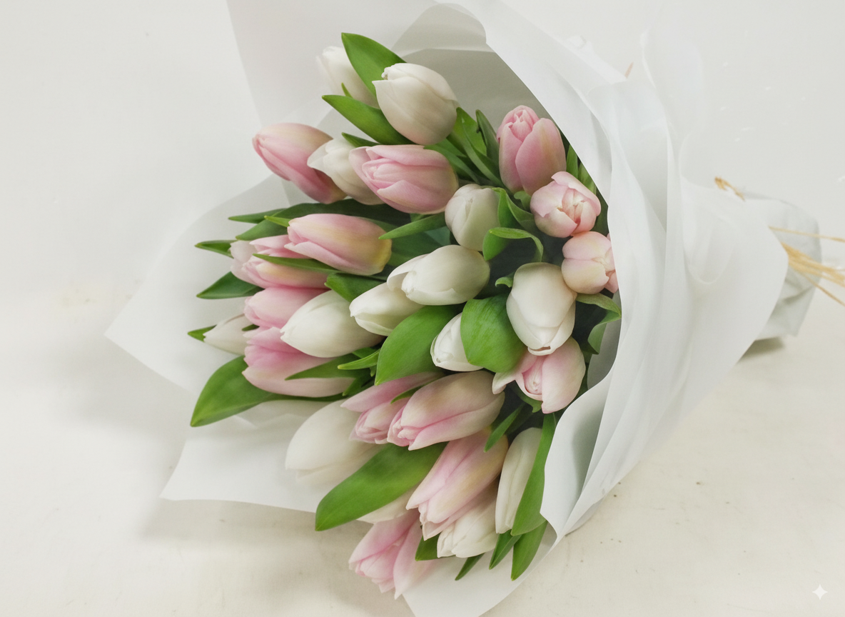Bouquet of pink and white tulips in a white wrap on a light background