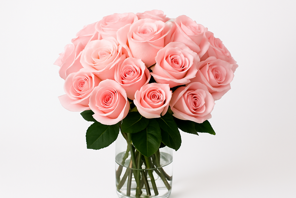 Bouquet of pink roses in a clear vase on a white background