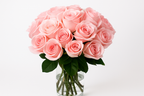 Bouquet of pink roses in a clear vase on a white background