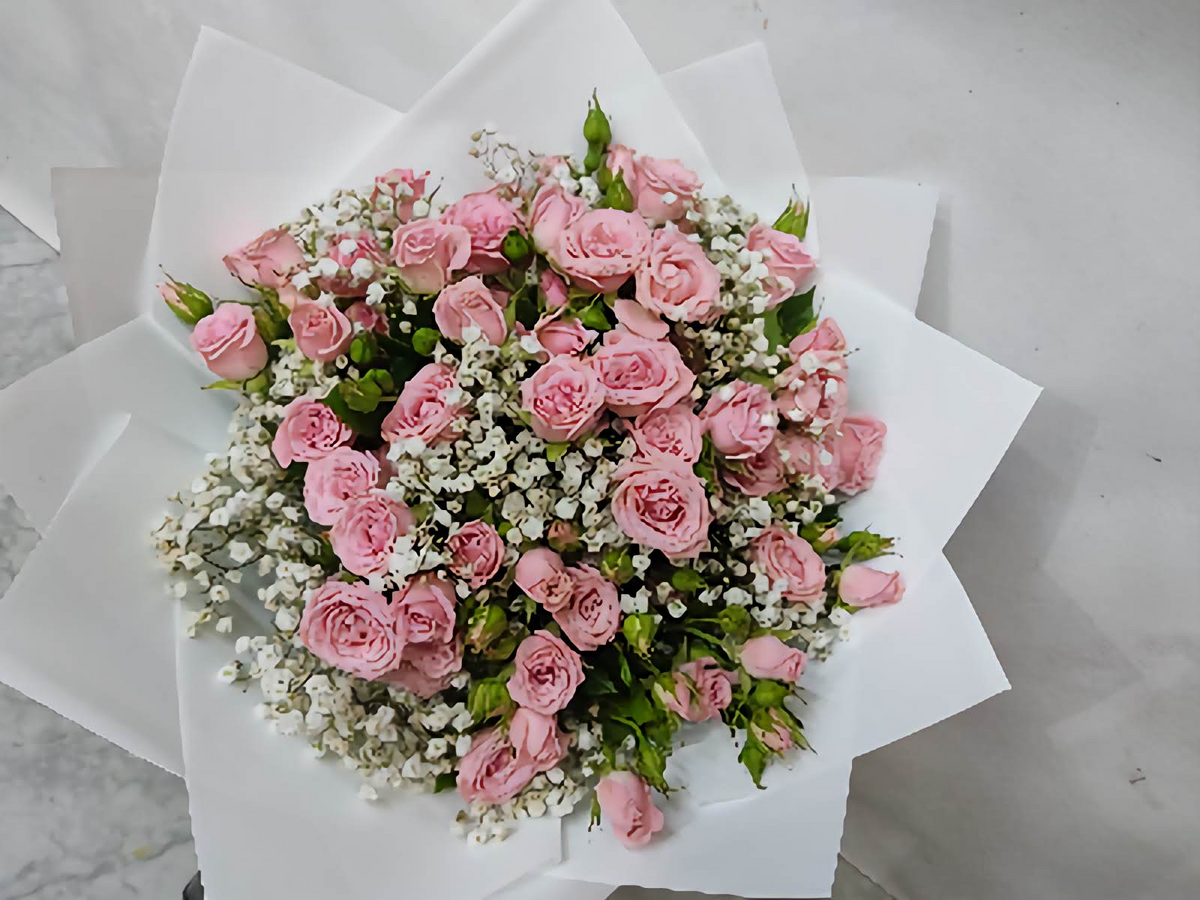 Bouquet of pink roses with gips on white wrapped paper