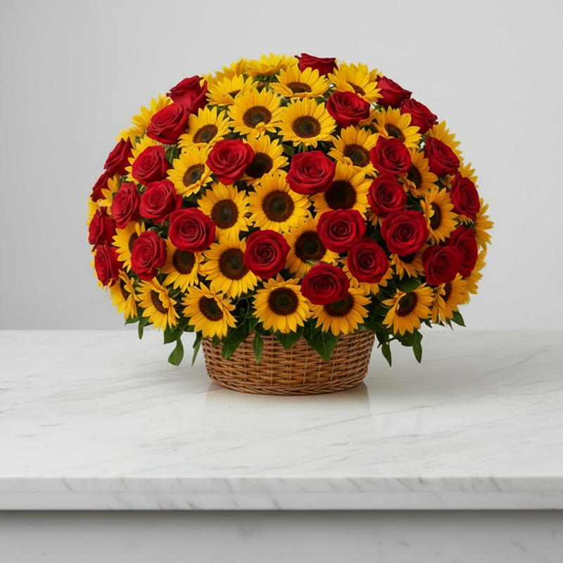A large artificial flower arrangement in a round wicker basket, featuring a mix of red roses and yellow sunflowers with green leaves, displayed on a white marble surface against a light gray background.