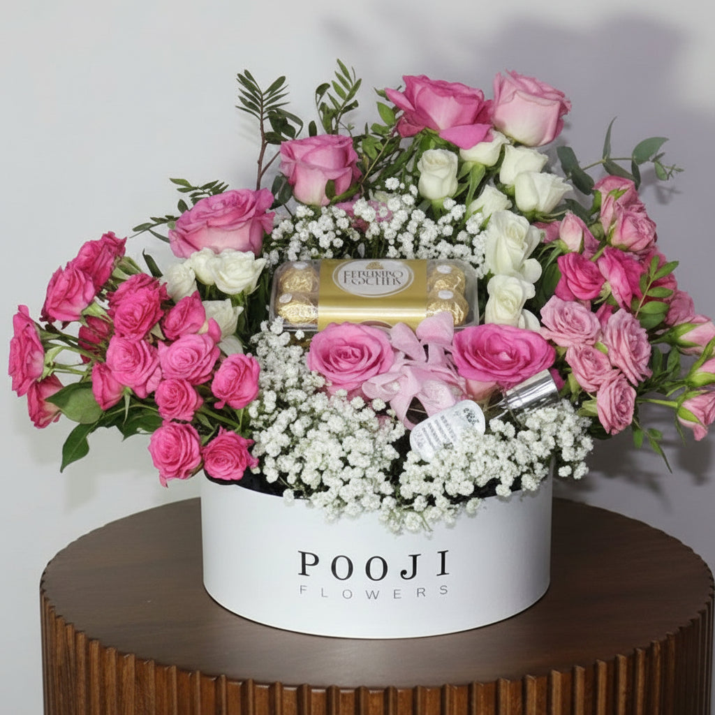 Classic Box Arrangement - Pink Flowers, Ferrero Rocher & Perfume Gift Kuwait