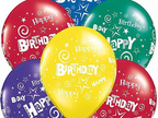 Colorful birthday-themed balloons with 'Happy Birthday' text on a white background