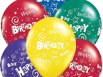 Colorful birthday-themed balloons with 'Happy Birthday' text on a white background