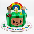 Colorful birthday cake with cartoon characters and rainbow on a white background