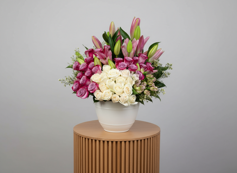 Elegant Mixed Lilies Bouquet - Pink Lilies &amp; Roses Bouquet — same-day flower delivery in Kuwait