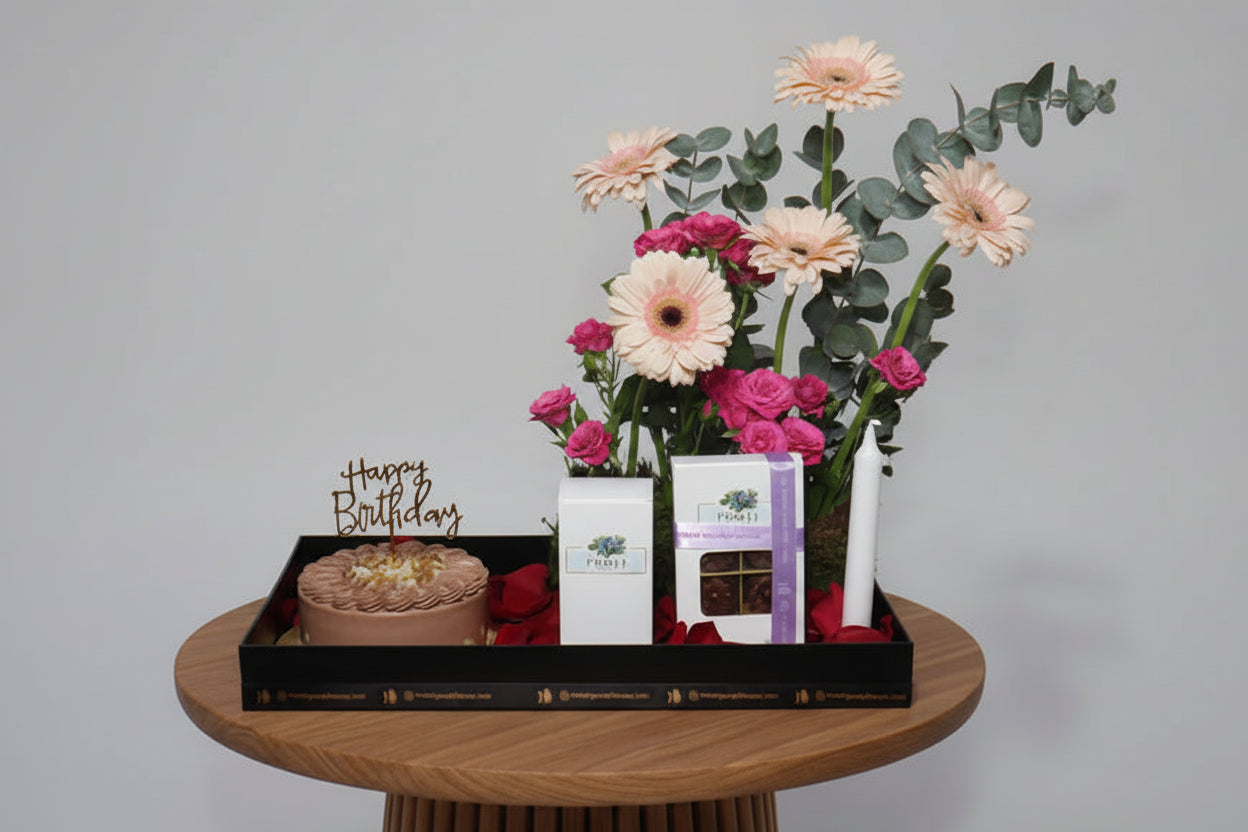 Flower Tray & Birthday Cake Gift Combo | Luxury Celebration Kuwait