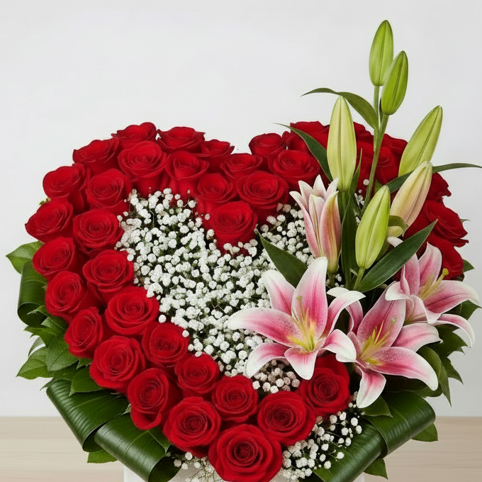 Luxury Heart-Shaped Red Roses &amp; Pink Lilies — same-day flower delivery in Kuwait