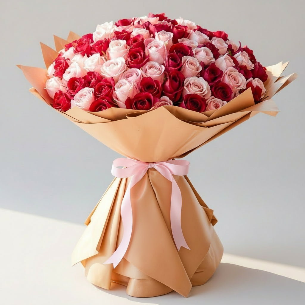 Bouquet of red and pink roses wrapped in brown paper with a pink ribbon